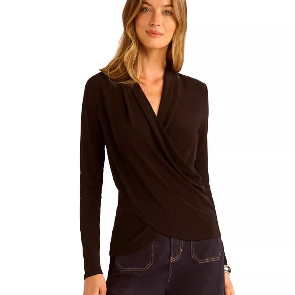 Vince Camuto Faux Wrap Long Sleeve Top – Rich Black, Size M